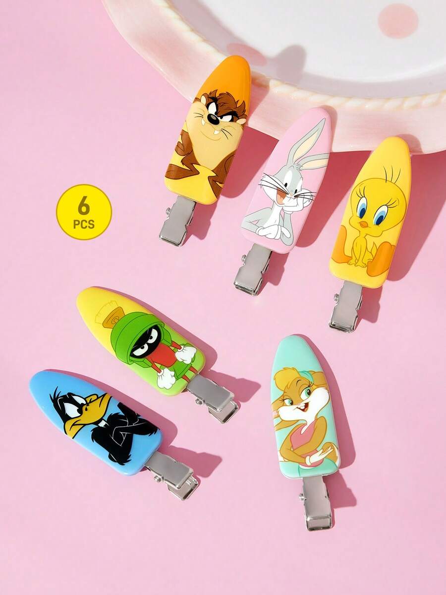 LOONEY TUNES X SHEIN 6入組卡通角色與字母圖案防皺髮夾,不留痕跡,適合洗臉、化妝、護膚使用 - 彩色 - 查看 1