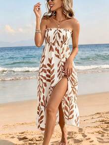SHEIN Swim 夏季泳裝新品 度假風 優雅熱帶極簡休閒鄉村風 女款米白色葉片花卉平口抓皺開衩露肩洋裝 - 棕色 - 查看 3