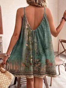 SHEIN Frenchy 女款短洋裝，休閒熱帶波希米亞極簡度假風，優雅浪漫復古綠色花卉做舊印花圖案，音樂節穿搭 - 彩色 - 查看 5