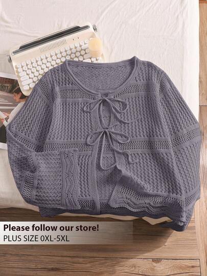 CosyJoli Plus Size Comfortable Casual Vacation Crochet Front Tie Loose Fit Women's Apricot Short Long Sleeve Cardigan