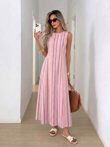 SHEIN LUNE Women's Casual Sleeveless Round Neck Dress, Suitable For Summer Daily Wear, Sleeveless Waist-Cinching Elegant Long Dress, Suitable For Summer Casual Outings. Pink Striped Print Pattern, Women's Commute Outfit, Music Festival, Beach Outfit, Vacation Outfit - Multicolor - View 3