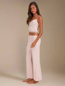 Athîral Women's Casual Elegant Knit Camisole Blush Pink Loungewear Set, Solid Color Lace Cute Set, Home Wear Lounge Sleep Summer,Women's Two-Piece Sets - Pink - View 6