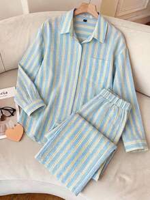 SHEIN 青少年女孩條紋長袖單排扣襯衫與長褲休閒套裝 - 彩色 - 查看 3