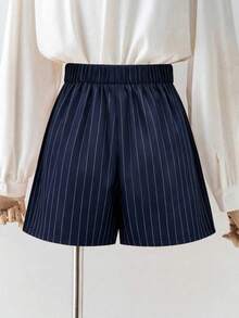 EMERY ROSE Women's Plus Size Striped Pleated Casual Versatile Wide Leg Shorts - Blue - View 2