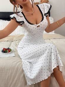 Napfluff Contrast Color Lace Trim Patchwork Knit Casual Square Neck Fitted Short Flutter Sleeve Women's Nightgown - White - View 6