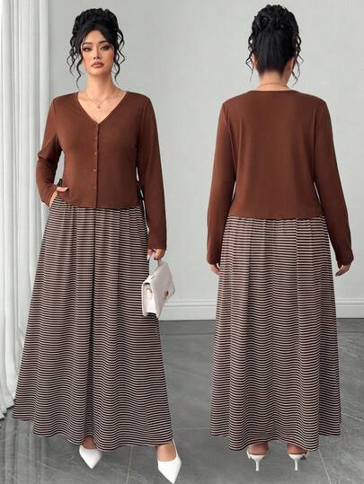 Elenzga Plus Size Women Elegant Elegant Long Sleeve Solid Color Jacket + A-Line Slimming Waist-Cinching Striped Camisole Dress Knit Striped Two Pieces Set, Knit Elastic Two Pieces Set, Suitable For Daily Outings, Commuting, Party, Evening, Club Wear