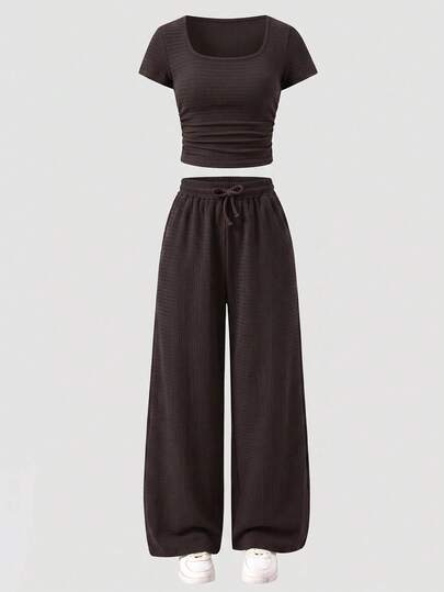 SHEIN Teen Girls T-Shirt Co-Ords Casual Streetwear Minimalist Black Square Neck Ruched Waist Short Sleeve T-Shirt Loose Long Pants Set Summer
