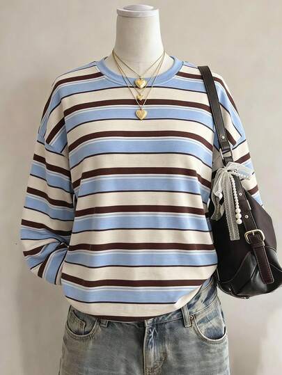 SHEIN Sweetra Young Tween Girls Fall Tops Striped Crew Neck Drop Shoulder Long Sleeve Casual T-Shirt, Outfit, Daily, Minimalist, Fall, Stretchy, Crewneck