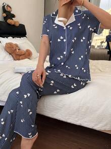 Dream Adore 條紋愛心印花法式浪漫休閒居家服套裝 - 藍色 - 查看 6