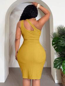 Veslaya 2026 Spring/Summer Women's Plus Size Yellow Textured Elastic Asymmetric Strap Fitted Short Dress - Yellow - View 2