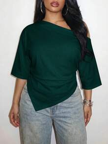 Slaydiva 2026 Spring/Summer Women's Plus Size Solid Color Asymmetric T-Shirt - Dark Green - View 9