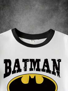 BATMAN X SHEIN 男童夏季休闲街头蝙蝠标志和字母图案条纹短袖T恤 - 白色 - 查看 3