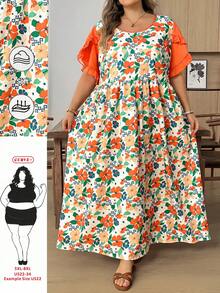 SHEIN CURVE+ 大尺碼US22音樂節海邊度假波希米亞風隨機印花休閒度假風數位印花寬鬆短袖洋裝 - 彩色 - 查看 4