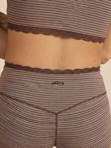 Aralina 女款棕色條紋蕾絲飾邊兩件套 短袖方領短版上衣 高腰短褲 夏季秋季休閒外出健身運動套裝 - 彩色 - 查看 7