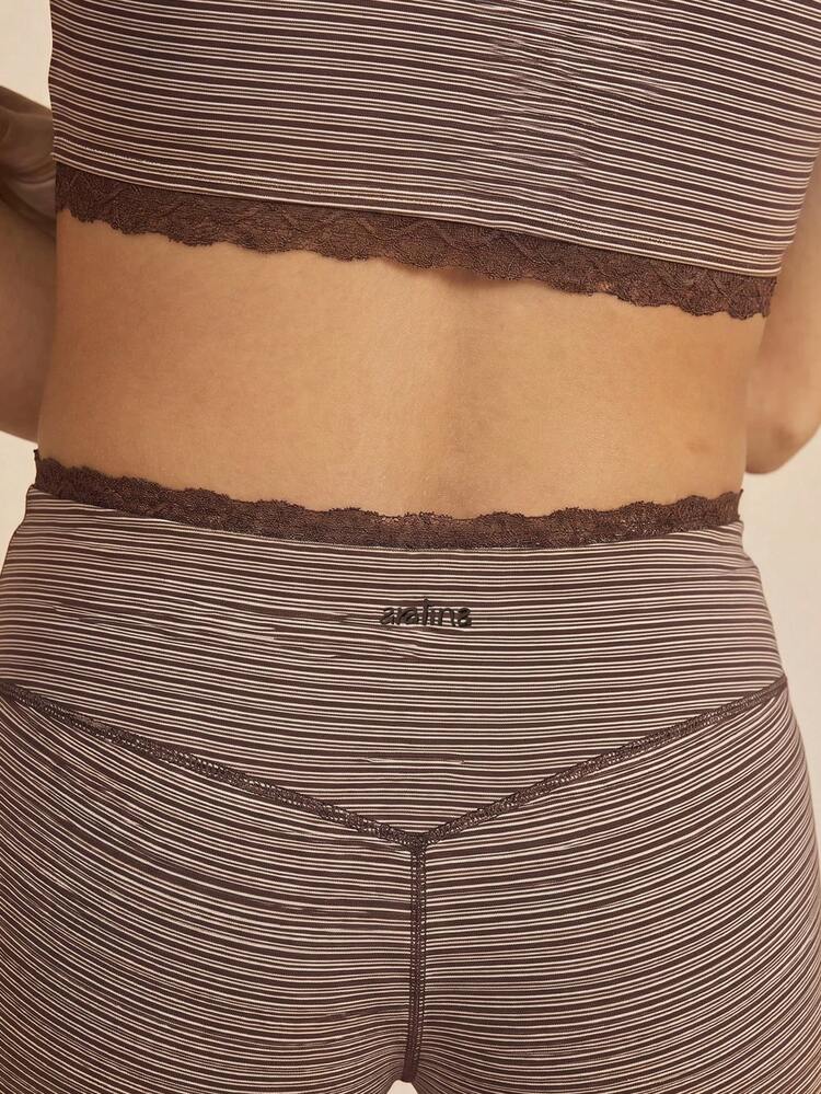 Aralina Women Brown Stripe Lace Trim Two Piece Set Short Sleeve Square Neck Crop Top High Waist Shorts Summer Fall Causal Going Out Work Out Gym Outfit - Multicolor - View 7