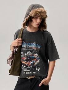 Vaulklash Men Summer Casual Short Sleeve T-Shirt With Letter & Car Graphic Print, For Friends - Dark Grey - View 2