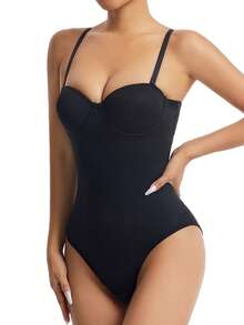 SHAPORA Women Fashionable And Elegant Cup Detail Black Bodysuit - Black - View 3
