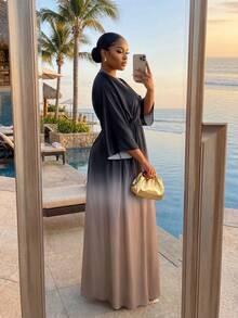 SHEIN Lady CURVE Gaun Kasual Lengan 3/4 Belahan Bawah dengan Warna Gradien untuk Wanita Ukuran Besar - MultiWarna - View 2