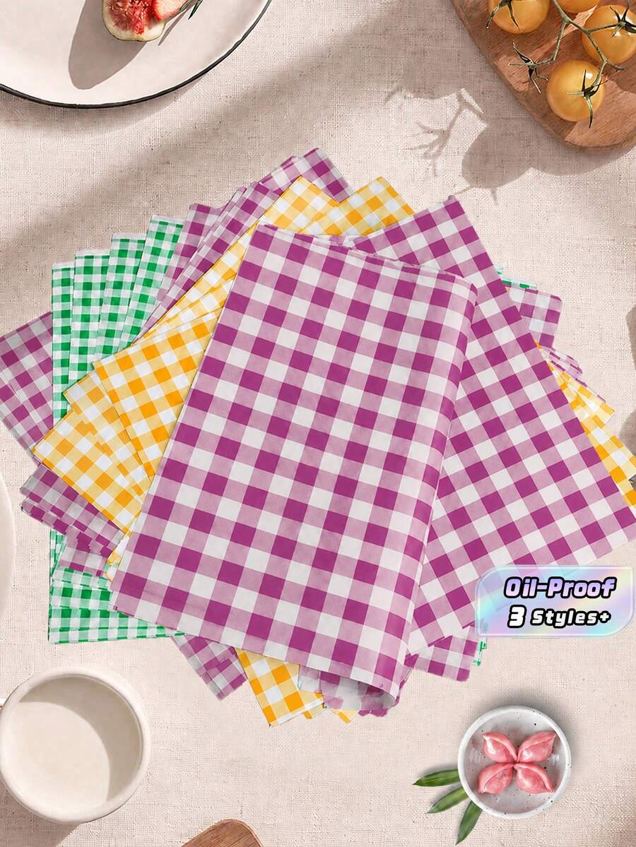 100pcs Oil-Proof Baking Paper Suitable For Cake, Sandwich, Picnic With 5 Different Style; Grid Wrapping Paper For Fast Food, Basket Liner - Multicolor - View 1