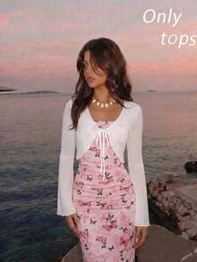 SHEIN MOD V-Neck Tie Front Bell Sleeve Versatile Top,Basic Blouses ,Going Out Top ,White Top - White - View 5