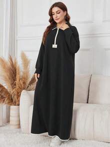 Lacomfia Autumn/Winter Zipper Patchwork Knit Texture Contrast Color Patchwork Turn Collar Loose Fit Versatile Plus Size Women's Sweatshirt Dress - Black and White - View 4