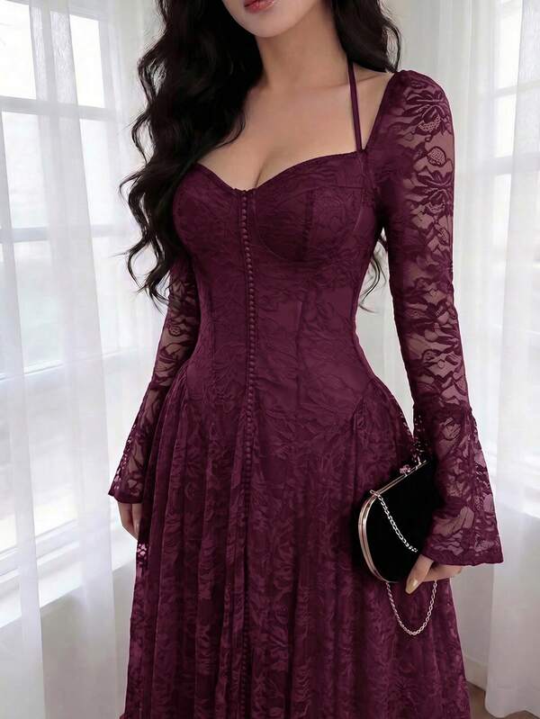 Feyla Women's Elegant Solid Color Lace Dress