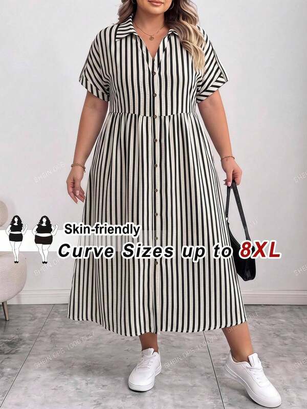 SHEIN CURVE+ Plus Size Striped Print Button Front Casual Short Sleeve Dress, Suitable For Summer/Vacation Wear, Women's Holiday Clothing, Women's Beach Vacation Clothing, Summer Dress, Plus Size Shirt Dress, Plus Size Casual Dress