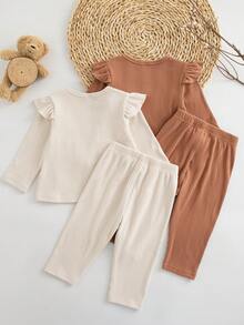 SHEIN 女嬰 0-3 歲 4 件套 春/秋季圓領蕾絲長袖柔軟羅紋布料米色與棕色上衣搭配長褲 純色針織羅紋套裝 簡約甜美可愛 適合室內與戶外活動 - 彩色 - 查看 2