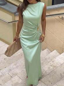 Aloruh Sage Green Satin Long Dress With Asymmetrical Shoulder Metal Decoration, Elegant Romantic Goddess Style Summer Outfits Beach Birthday Wedding Boho - Green - View 4