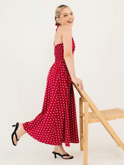 Ximena Robles Ximena Robles Women Summer Casual Holiday Polka Dot Print Halter Backless Dress Vacation Party Elegant