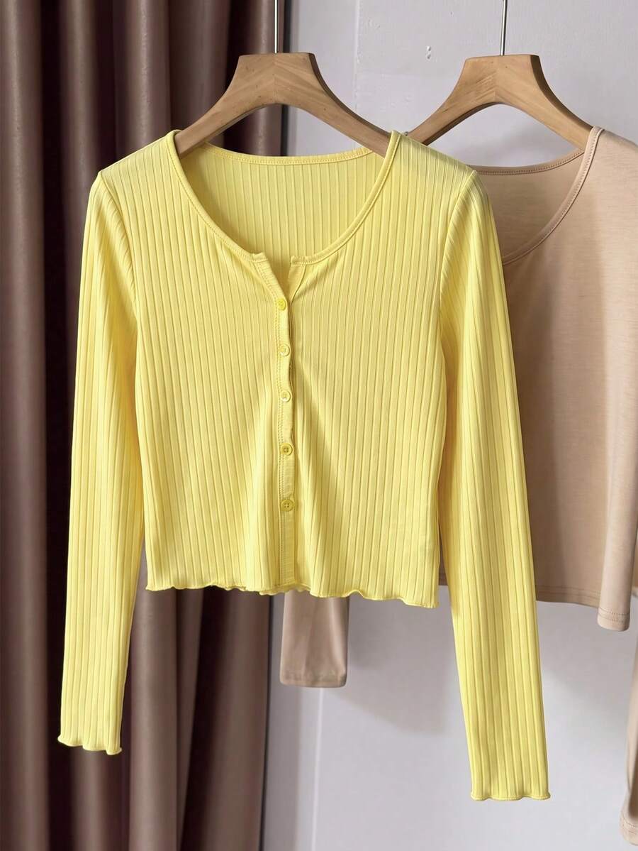 Franclia Cardigan Wanita Lengan Panjang Warna Polos Kancing Tunggal Kasual Serbaguna untuk Aktivitas Sehari-hari - Kuning - View 1