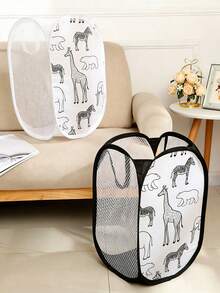 1pc Foldable Storage Box For Toys & Stuffed Animals, Portable Pop-Up Mesh Laundry Basket With Handles, Large Capacity Breathable Organizer For Bathroom Dirty Clothes, Summer Outdoor Travel Essentials - Cartoon Version - View 2