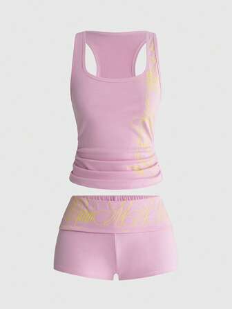 Grunge Punk Musikfestival Punk Kreuz Slogan figurbetonendes Tanktop & Ultra Tiefbund Mini Shorts 2-teiliges Set