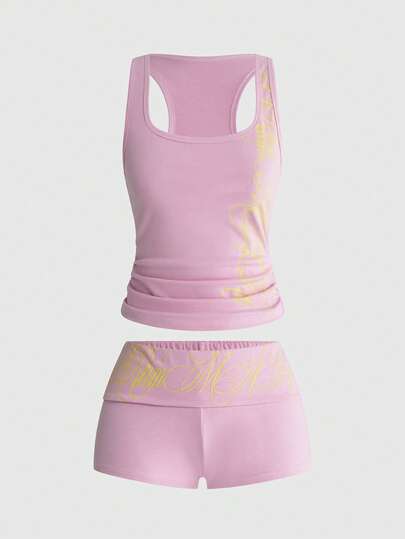 Grunge Punk Musikfestival Punk Kreuz Slogan figurbetonendes Tanktop & Ultra Tiefbund Mini Shorts 2-teiliges Set