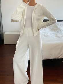 DAZY Women's 2pcs Set Colorblock Embroidered Hooded Cardigan Sweater & Straight Leg Pants Casual Vacation Elegant Spring Autumn Outfit - White - View 3