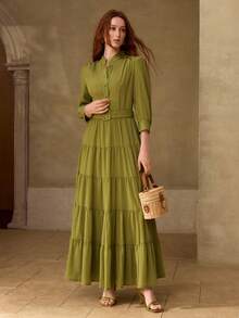 MOTF PREMIUM WOMEN'S LONG DRESS WITH RUFFLE HEM AND BUTTON HALF BUTTON - Green - View 4