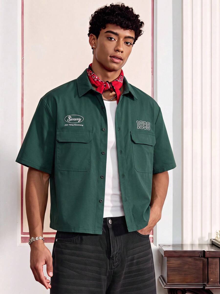 SWAVVY Men's Letter & Number Print Casual Versatile Daily Wear Shirt - Dark Green - View 1