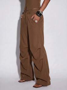 Normani Pantalon long décontracté polyvalent pour femme avec boutons, poches et plis - Tabac - Voir 3