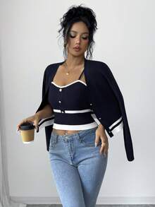 SHEIN Elenzya Women's Autumn/Winter Striped Knit Cardigan And Camisole Knit Vest 2 Pieces Set - Navy Blue - View 4