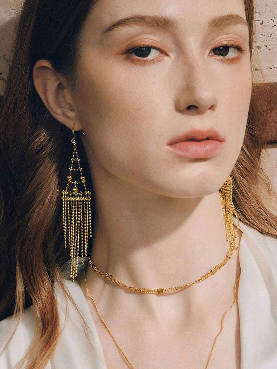 Opalesca Fashion Triangular Fringed Ladies Ear Hanging - Gold - View 1