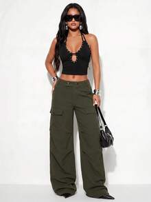 Normani Women's Solid Color Wide Leg Loose Casual Cargo Pants Work Everyday Date Olive Green Summer - Army Green - View 4