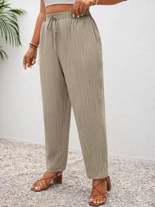 SHEIN Frenchy Pantalones casuales de talla grande con bolsillos, de unicolor y con nudo, para vacaciones - Gris - Ver 7