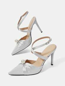 CUCCOO HITCHD Women Ruched Satin Mule High Heels, Faux Pearl Decor Pointed Toe Ankle Buckle Strap Stiletto Sandals For Evening Wedding Bridal Dress Shoes - silver gray - View 8