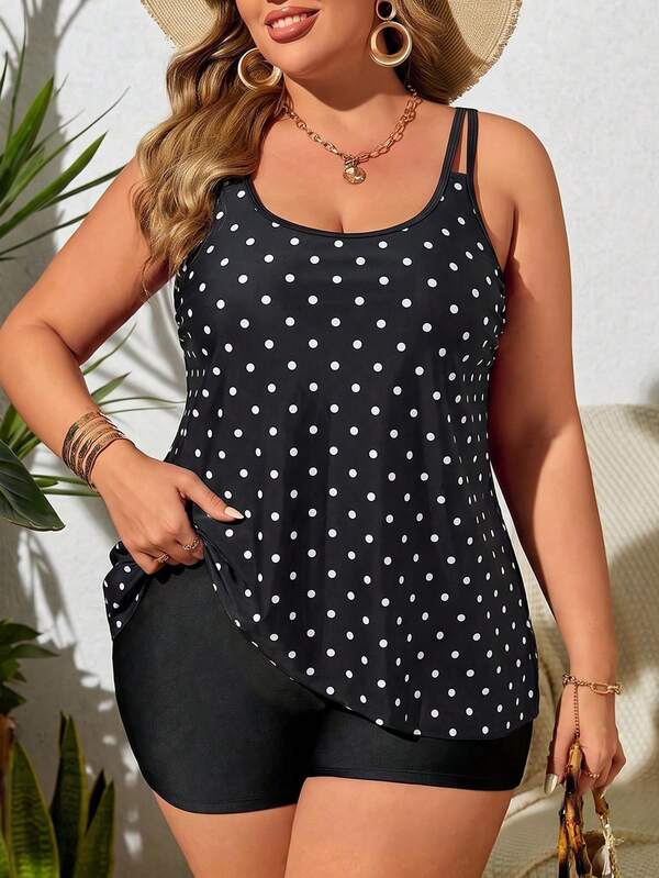 Sweetra 2026 New Plus Size Women 2-Piece Set Black & White Polka Dot Top With Black High-Waist Shorts, Beach Vacation, Summer Holiday Outfit, Party Wear, Elegant Women Beach Swimwear, Women Vacation Clothing