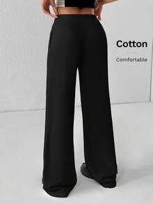 SHEIN PETITE Quần nỉ nữ ống rộng cạp thấp dệt kim trơn thoải mái phong cách thường ngày, dành cho nữ petite - màu đen - Xem 3