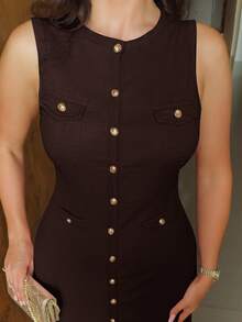 MDEdit Women's Dark Brown Autumn Elegant Office Sleeveless Round Neck Textured Knitted Long Dress,Metal Buckles Flap Decor Open Placket Hip Fishtail Summer - Coffee Brown - View 6
