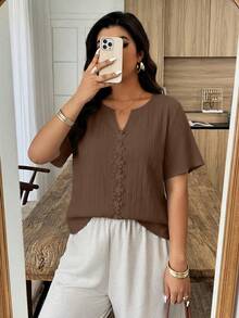 Weeklong Blusa holgada de manga corta con volantes y parches florales para mujer talla grande, primavera/verano - Marrón - Ver 5