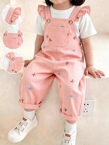 SHEIN Vintaside Kids 女嬰粉色蝴蝶結印花荷葉邊吊帶褲 2件套，附白色T恤，可愛寬鬆連身褲，幼兒嬰兒夏季套裝 - 粉色 - 查看 3