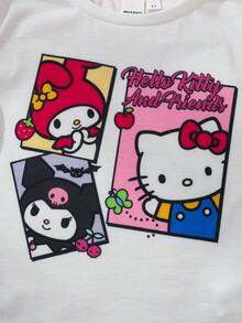 HELLO KITTY AND FRIENDS | SHEIN 女童趣味卡通印花圓領短袖T恤搭配條紋對比色短褲 2件套 - 白色 - 查看 4