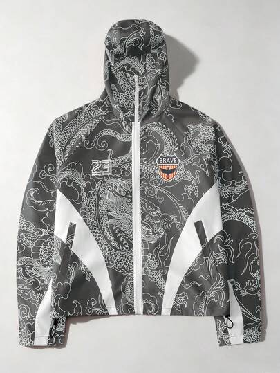 Prep Veste à capuche zippée streetwear mode homme avec imprimé numérique de dragon chinois